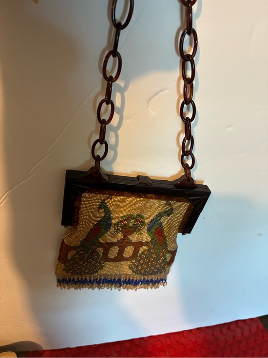 Whiting & Davis Handbags - Whiting & Davis Gold Beaded Mini Bag with Multicolor Peacock Motif
